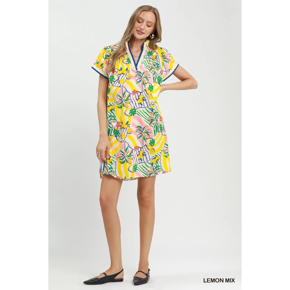 Umgee Tropical Print Collared Shift Dress - Lemon Mix - Large - Picture 4 of 5